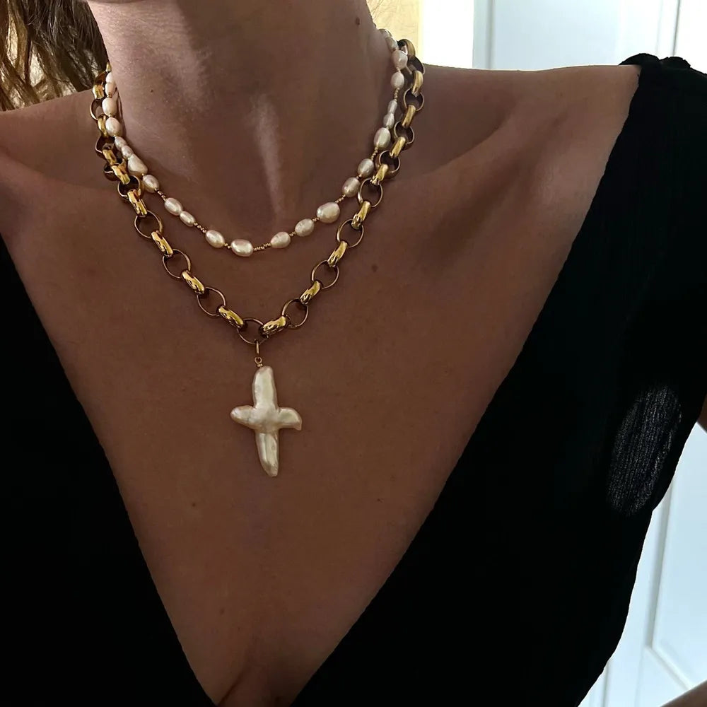 Freshwater Pearl Brass Cross Pendant Necklace