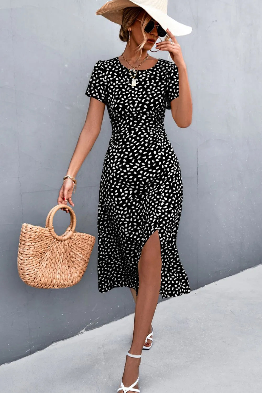 Printed Slit Cutout Midi Dress (Belt Not Included)