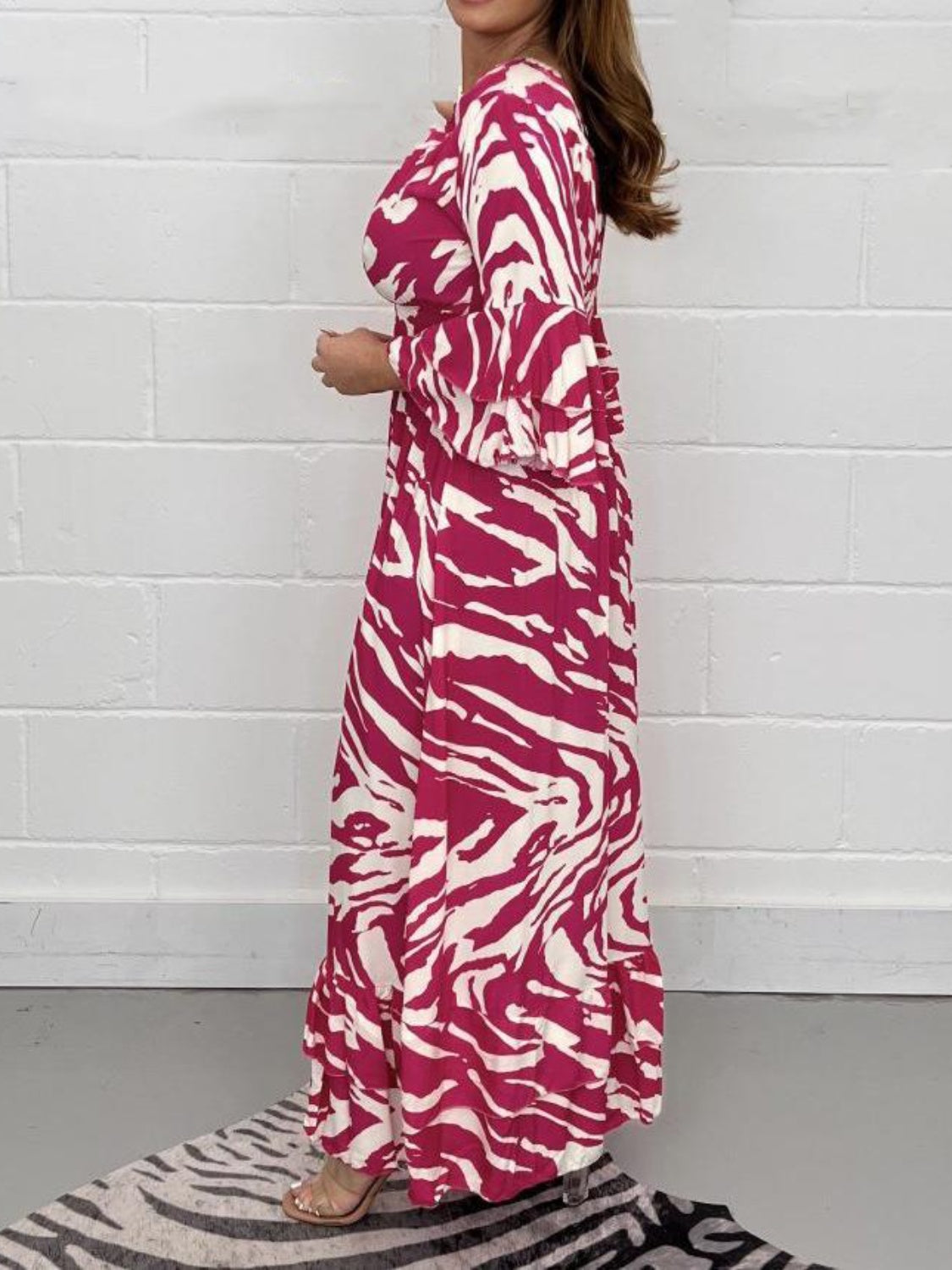 Smocked Printed Flounce Sleeve Maxi Dress