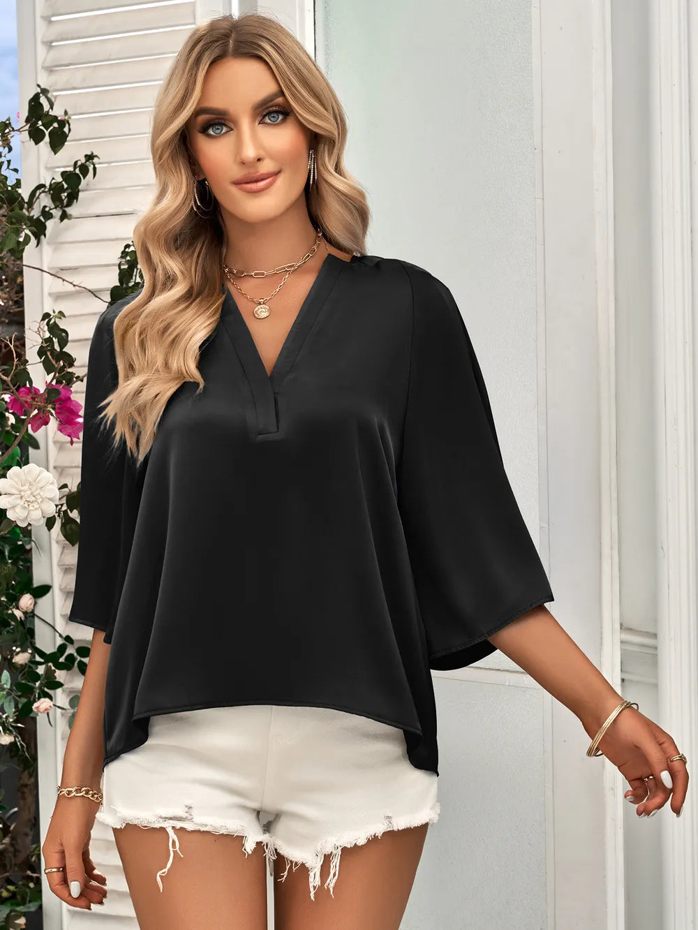 Three-Quarter Flare Sleeve V-Neck Blouse