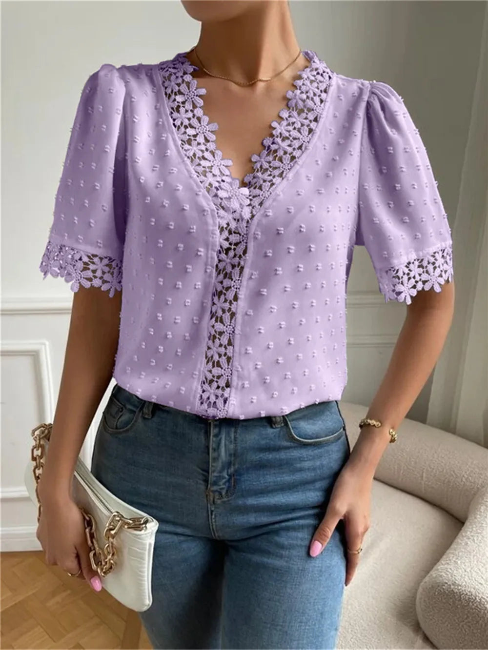 Swiss Dot V-Neck Short Sleeve Blouse