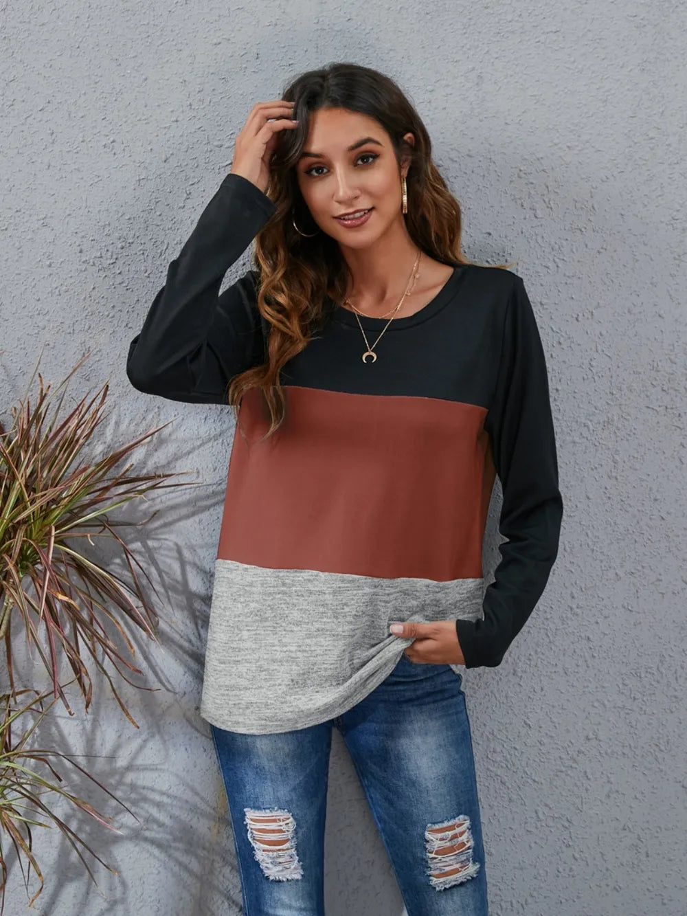 Color Block Round Neck Long Sleeve T-Shirt