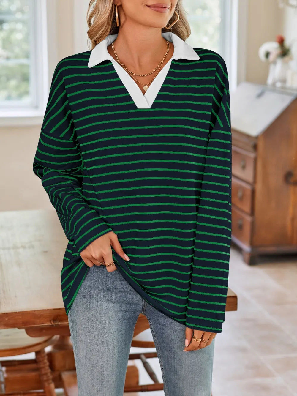 Striped Johnny Collar Long Sleeve T-Shirt