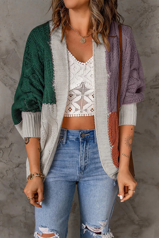 Woven Right Color Block Cable-Knit Batwing Sleeve Cardigan