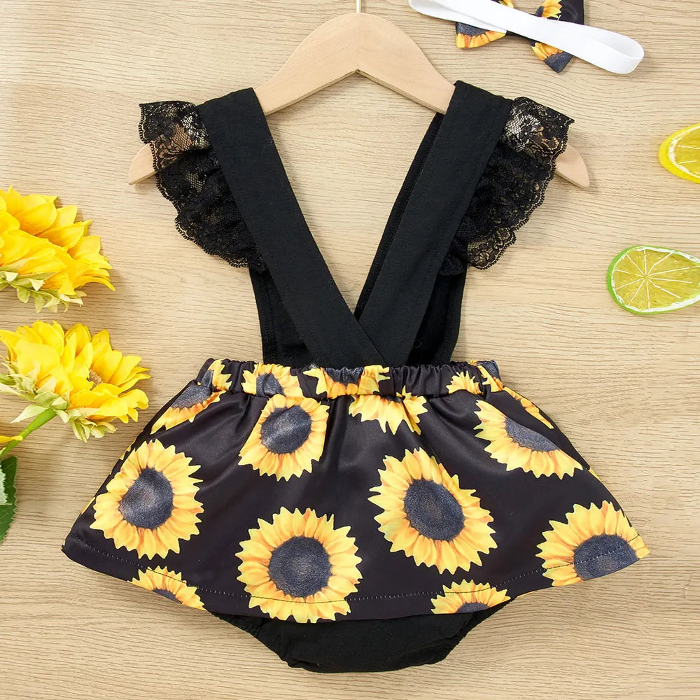 Sunflower Print Spliced Lace Bodysuit Dress