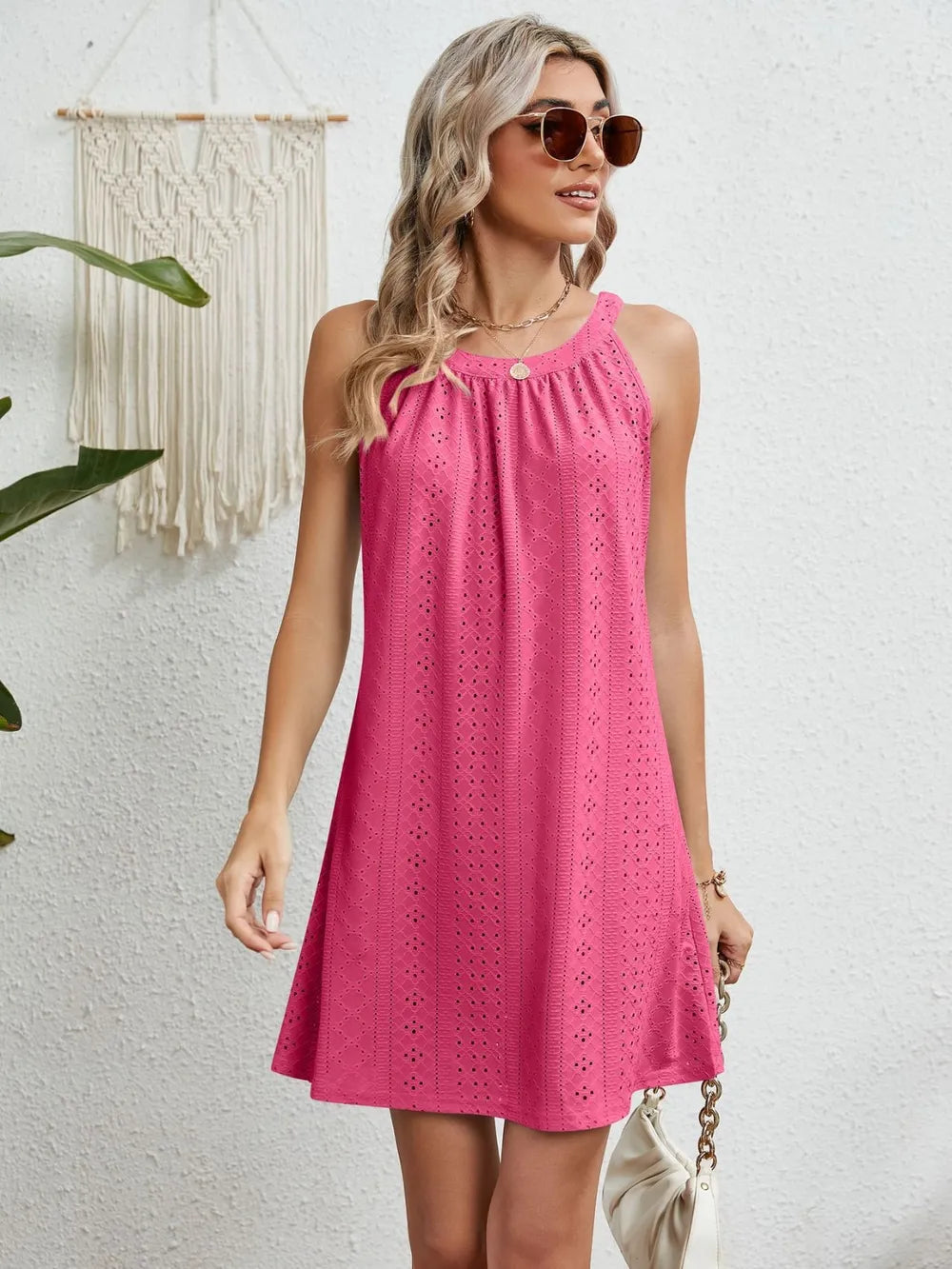 Eyelet Grecian Neck Mini Dress