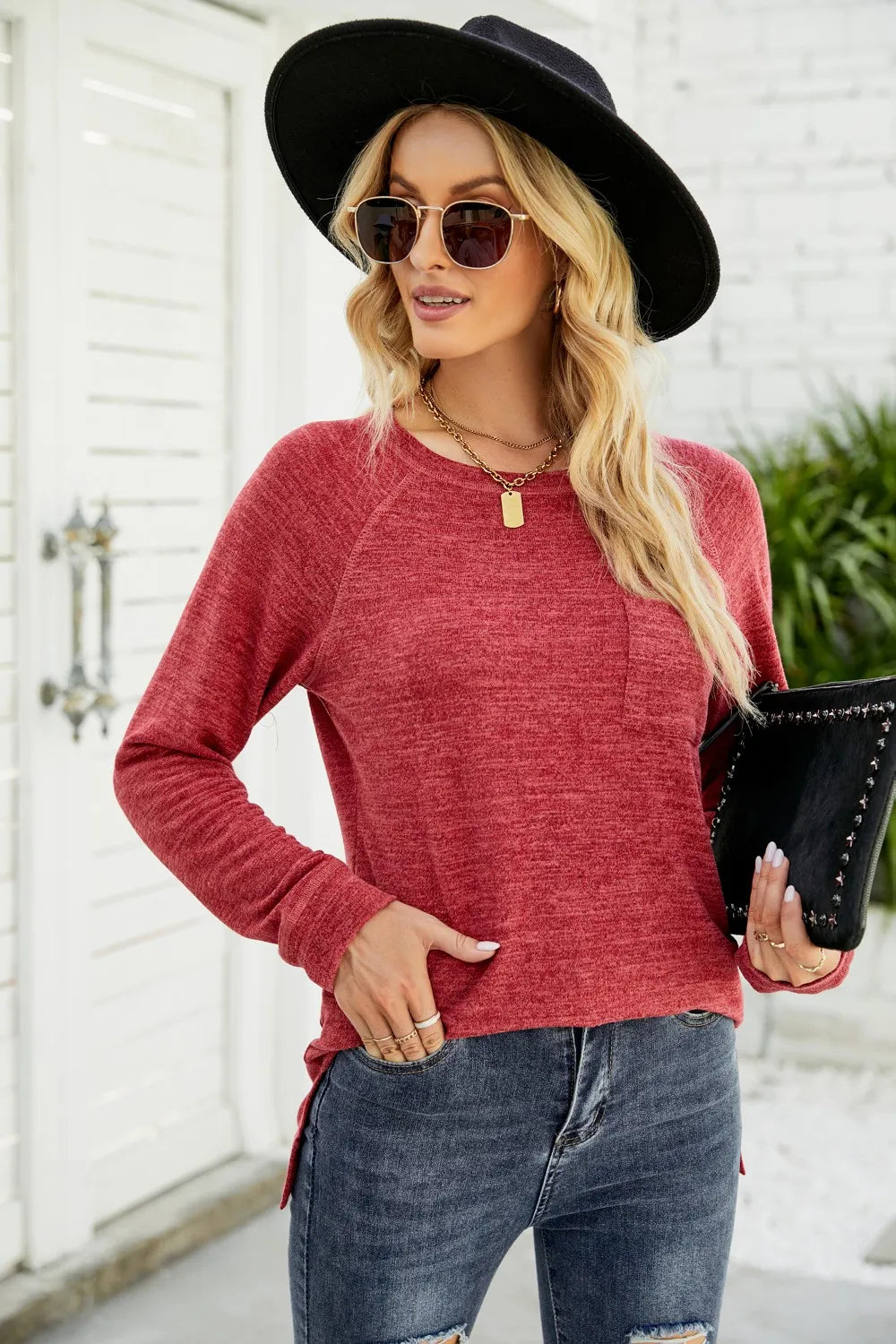 Heathered Slit Round Neck T-Shirt