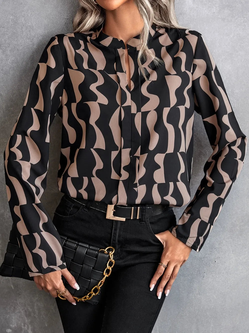 Printed Notched Long Sleeve Blouse