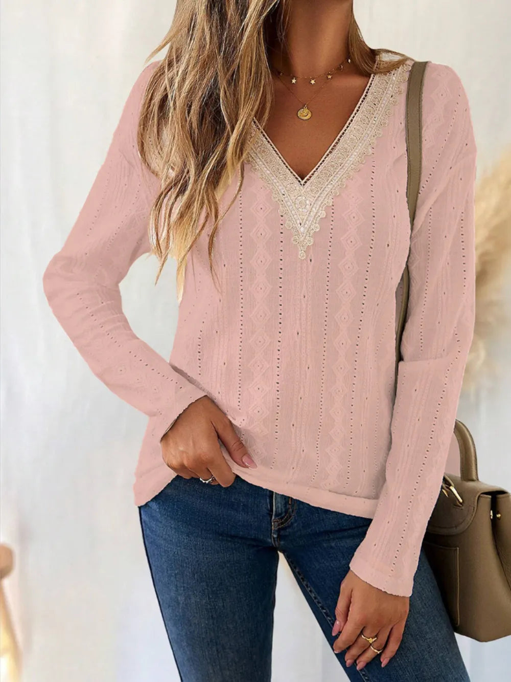 Eyelet V-Neck Dropped Shoulder T-Shirt