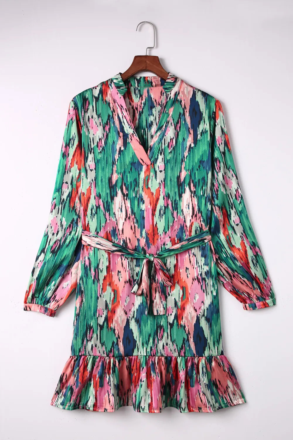 Abstract Print Belted Ruffle Hem Dress