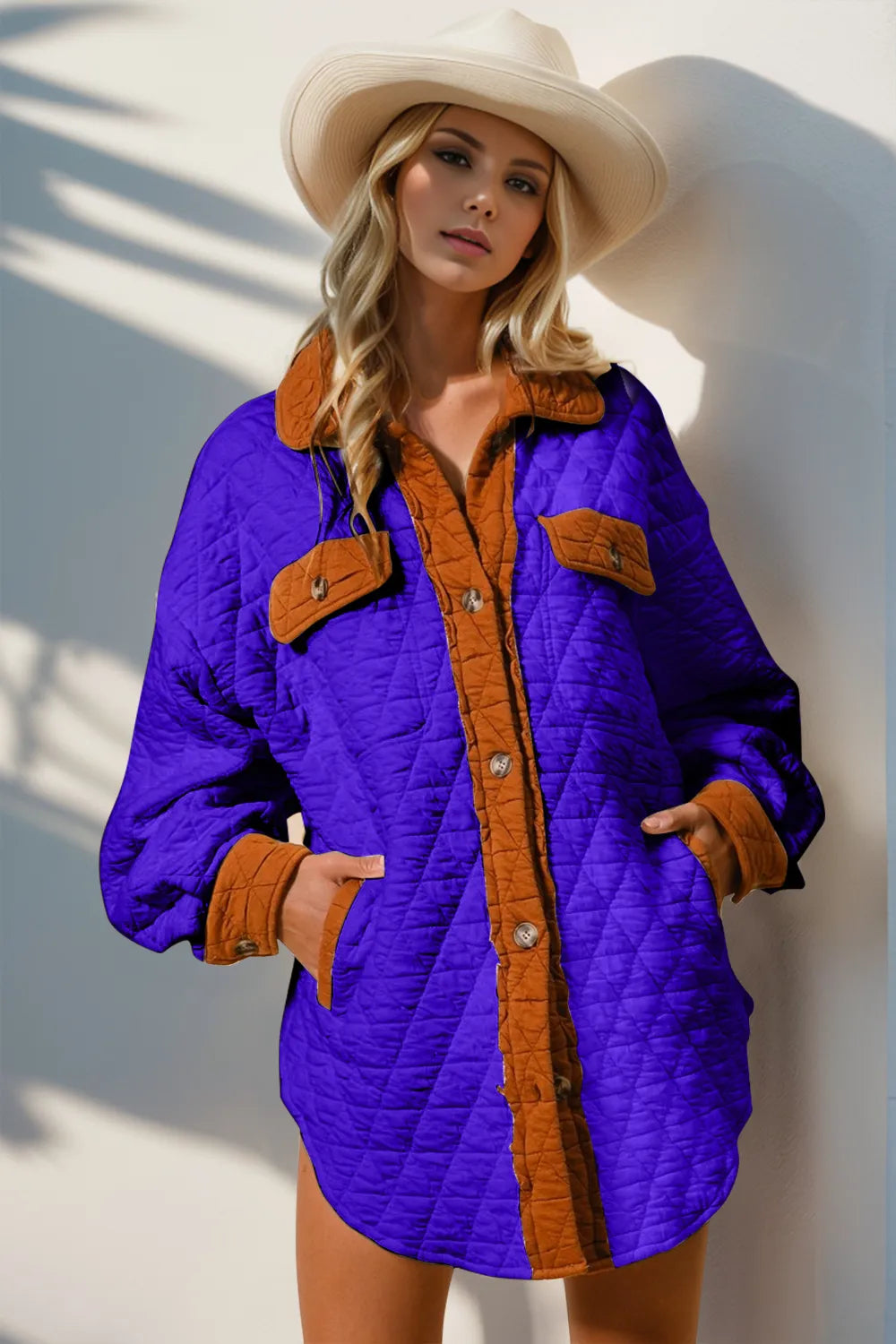 Double Take Full Size Contrast Button Up Quilted Shacket