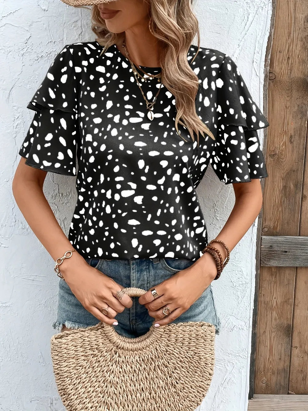 Printed Round Neck Short Sleeve Blouse