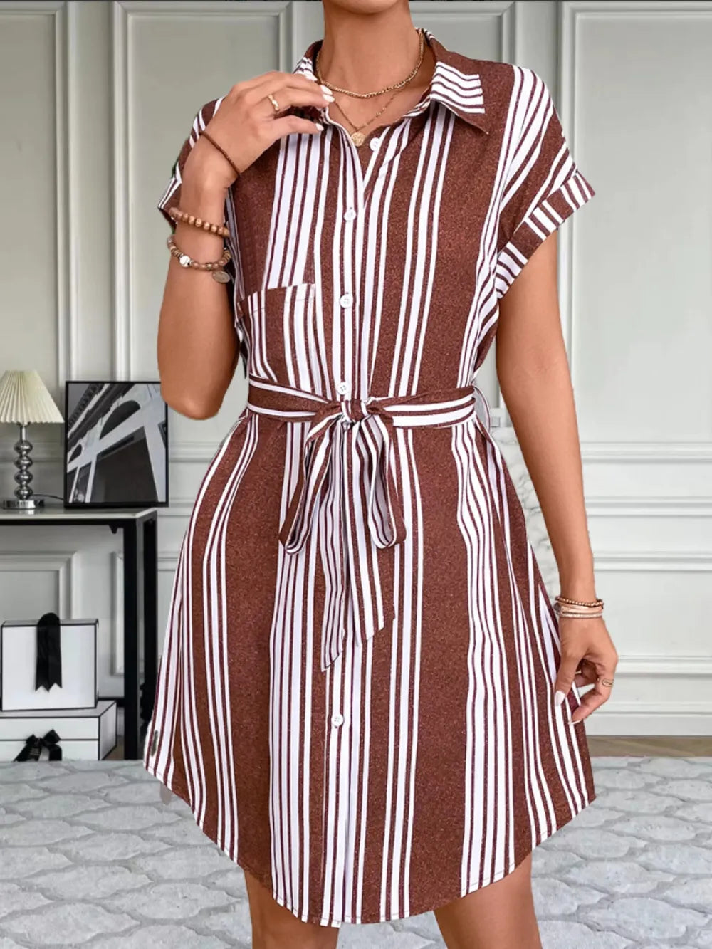 Striped Button Up Tie Waist Mini Dress