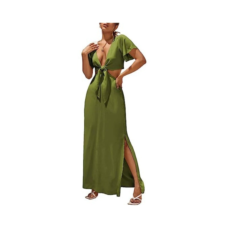 Plunging Neck Knot Front Cut Out Waist Split Thigh Dress