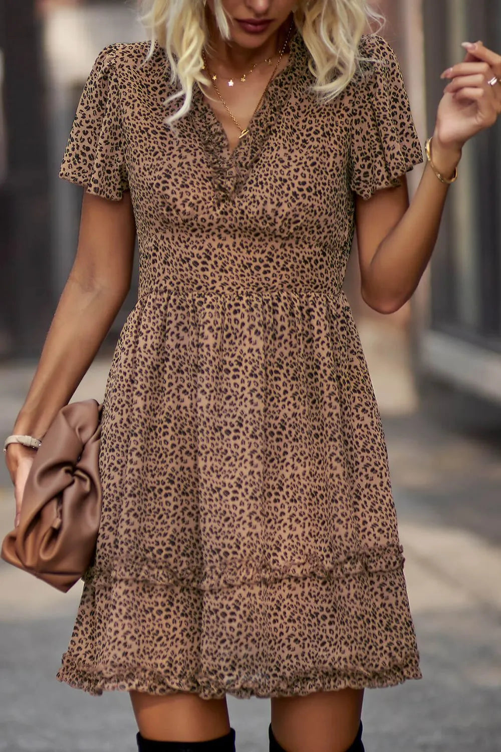 Printed Flutter Sleeve V-Neck Dress