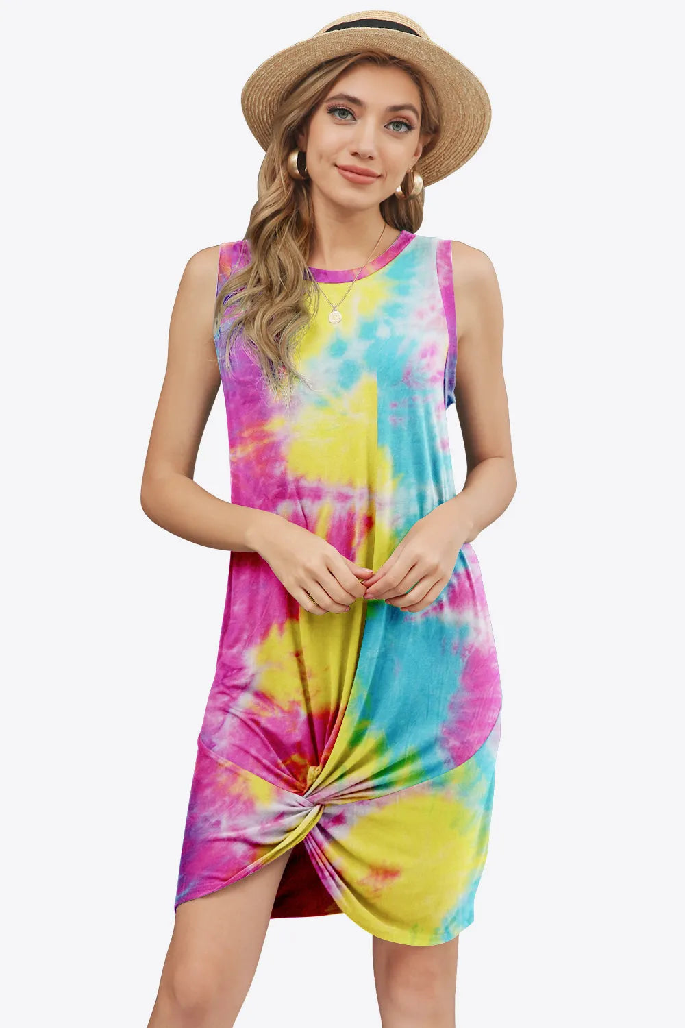 Tie-Dye Twisted Round Neck Sleeveless Dress