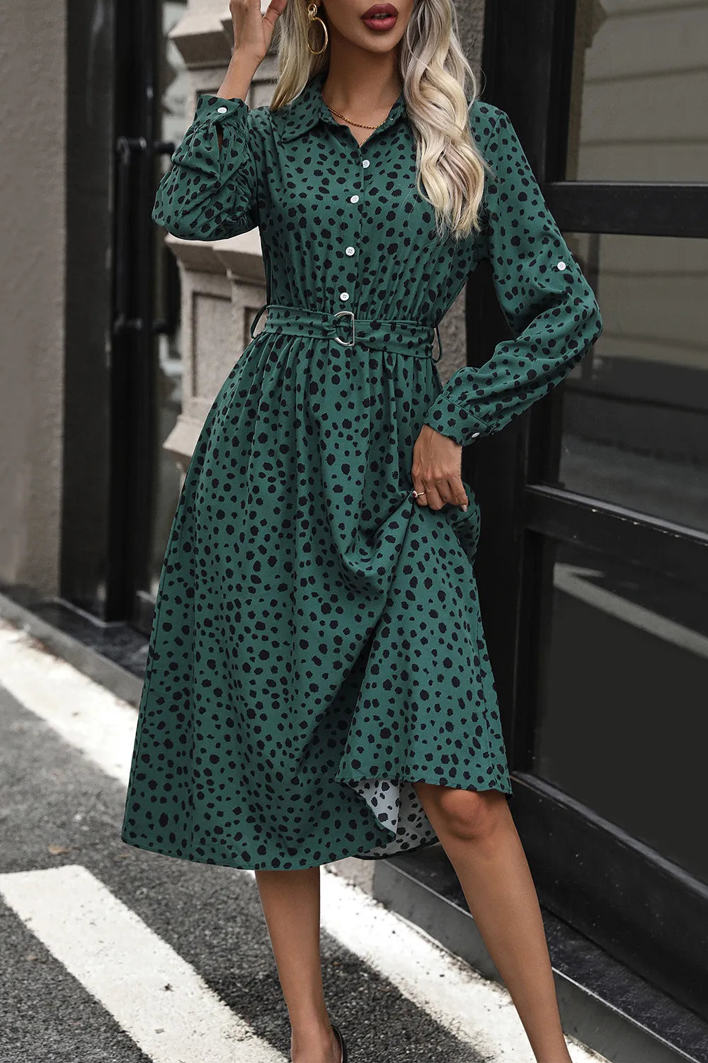 Printed Belted Long Sleeve Midi Dress