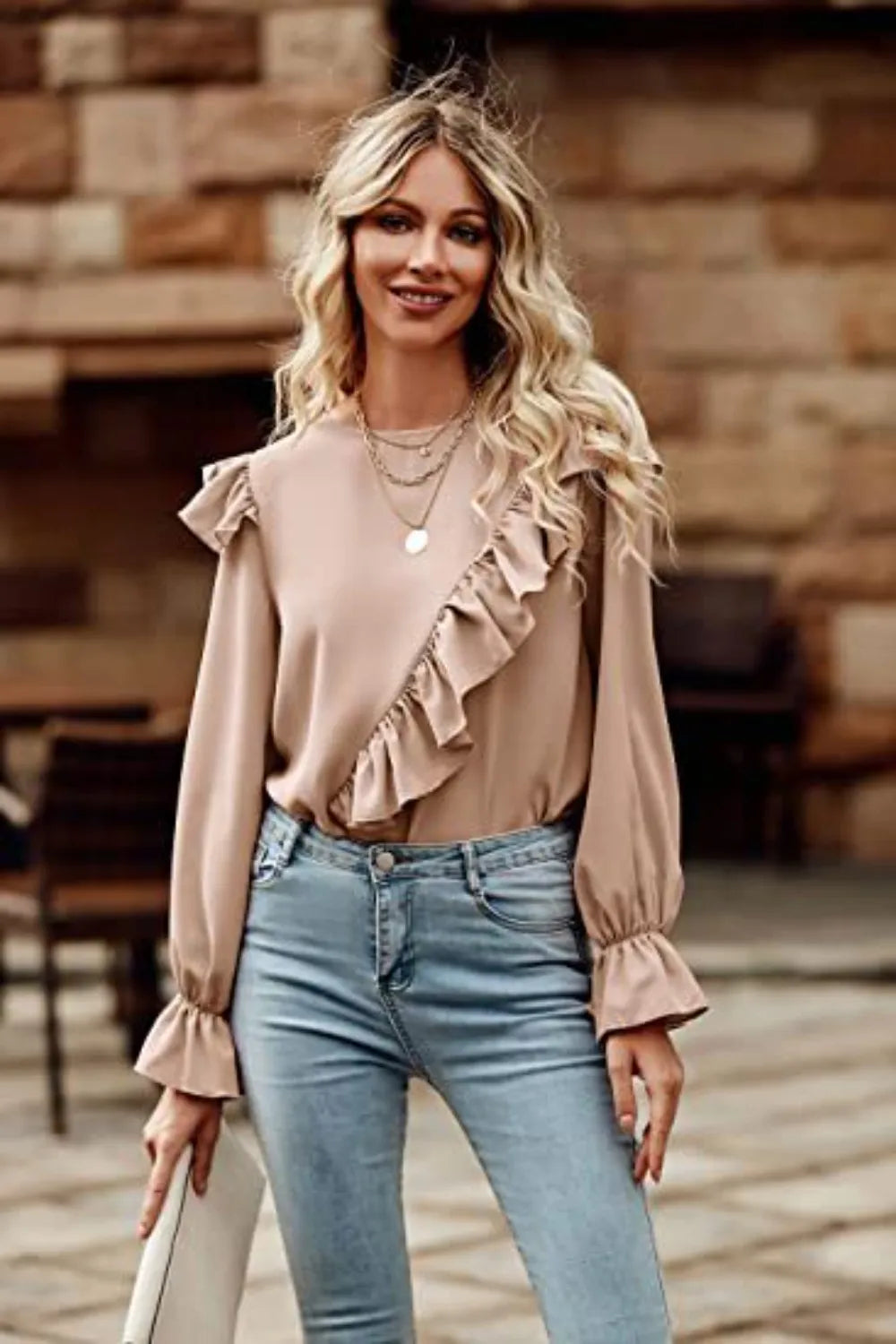 Ruffled Round Neck Long Sleeve Top