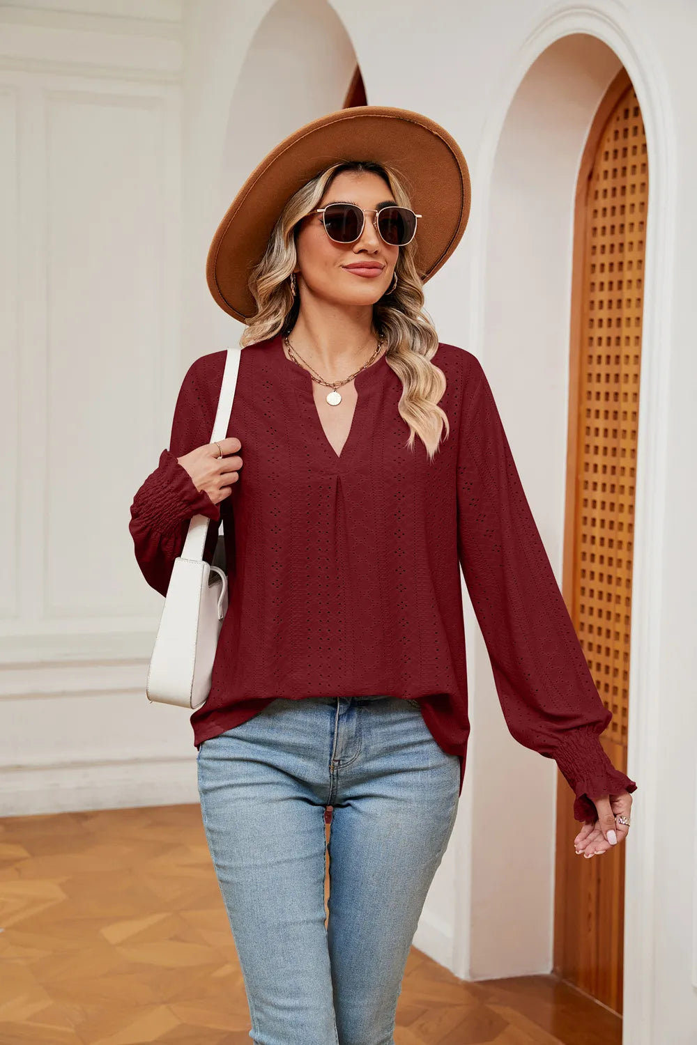 Notched Neck Flounce Sleeve Blouse