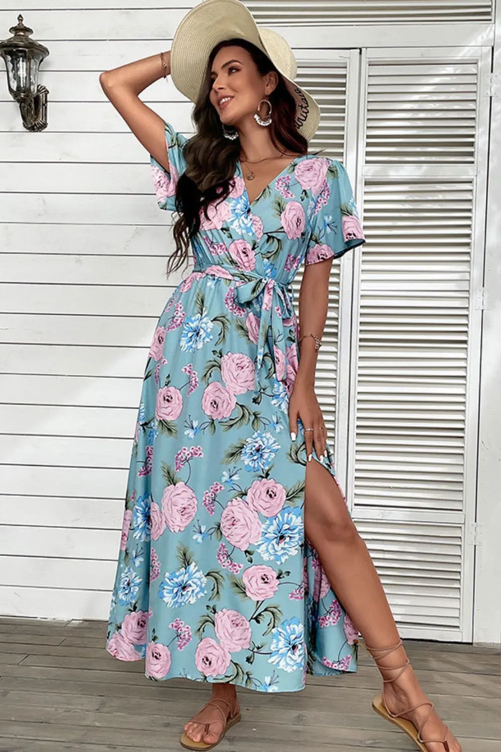 Floral Tie-Waist Slit Surplice Maxi Dress