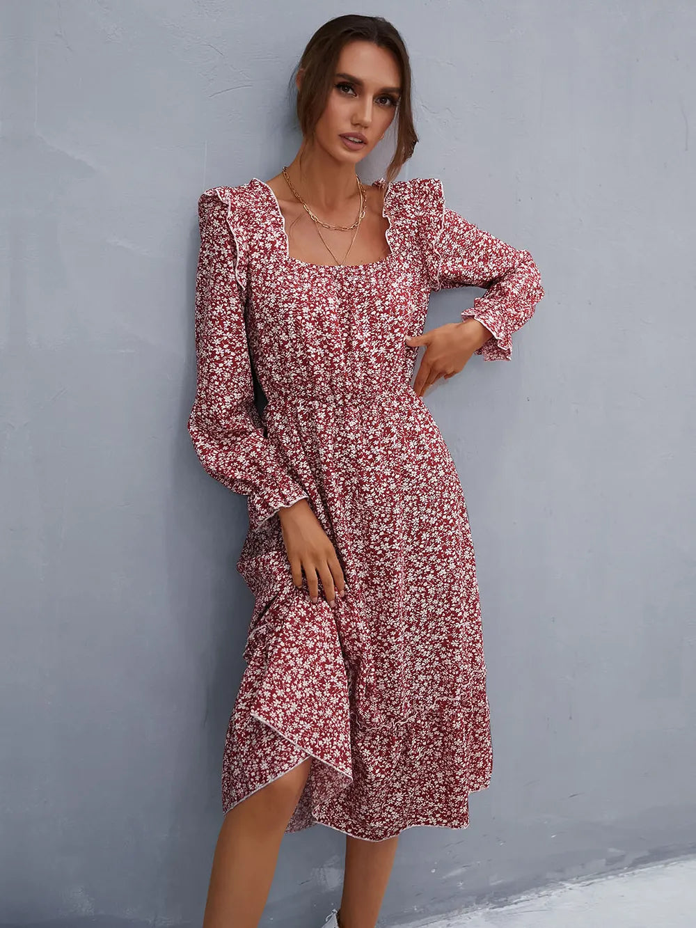 Ruffled Ditsy Floral Flounce Sleeve Dress