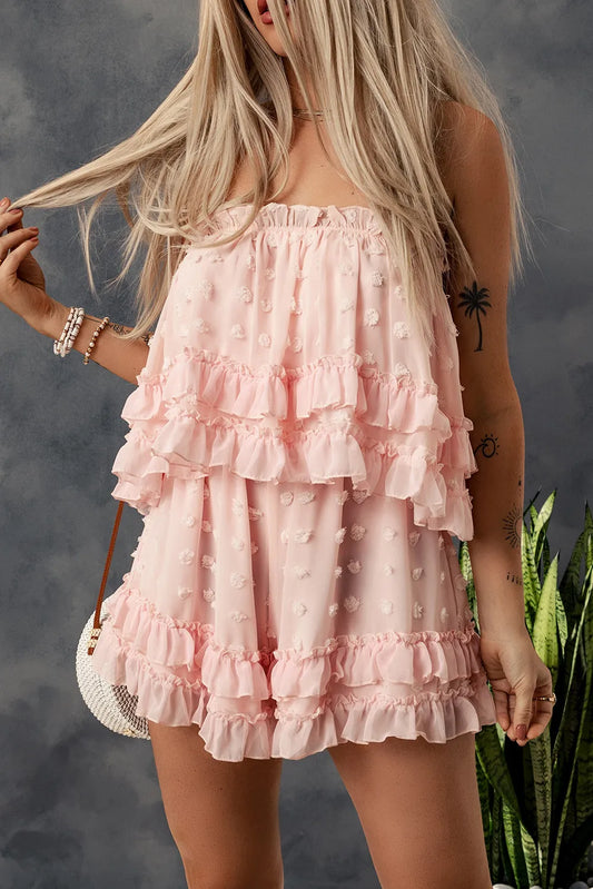 Swiss Dot Ruffled Strapless Romper