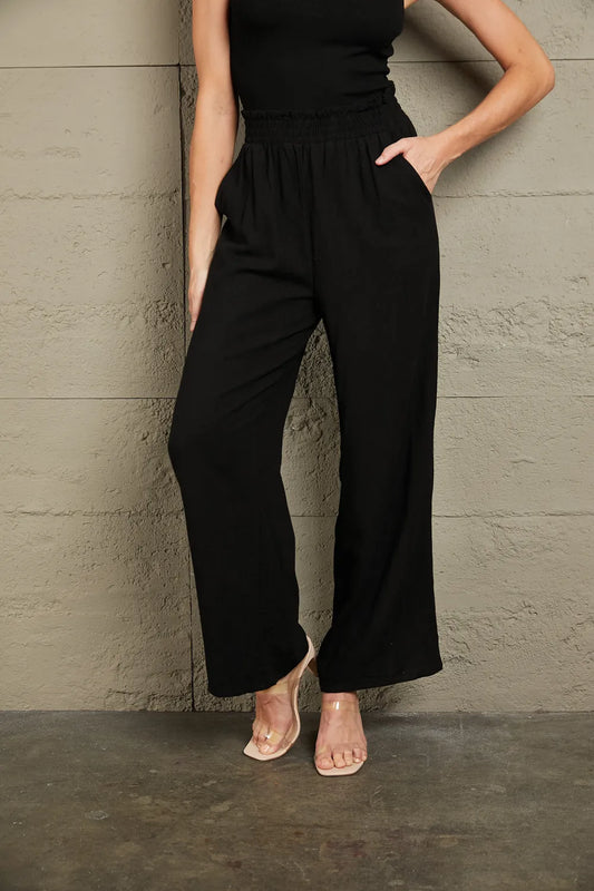 Elastic Waist Straight Leg Pants with Pockets