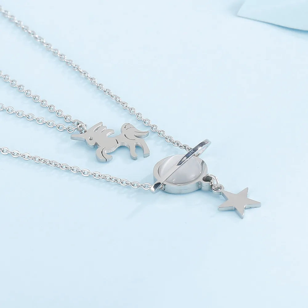 Unicorn and Star Shape Double-Layered Pendant Necklace