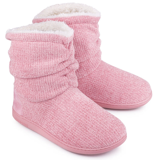 LongBay Women's Chenille Knit Cosy Boots Slippers Warm Plush Fleece Winter Booties Slipper Memory Foam House Shoes