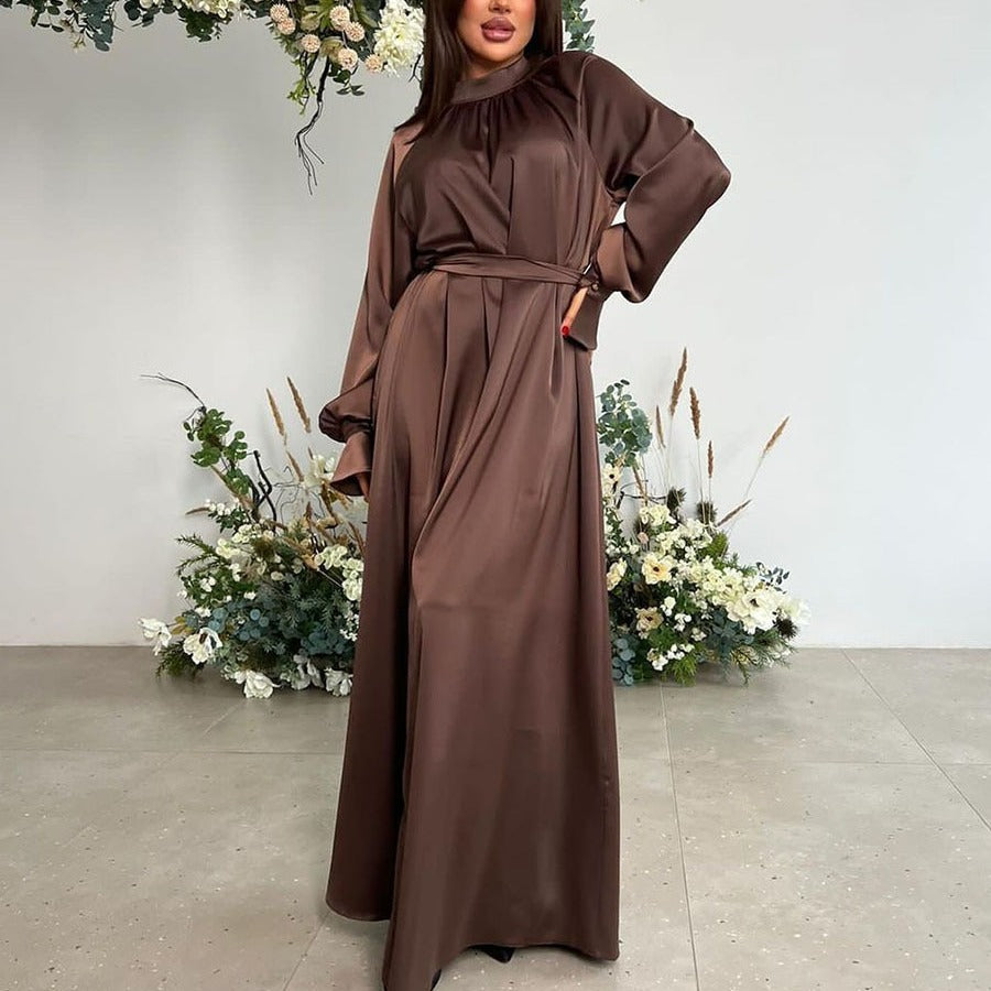 New satin elegant half-turtleneck long-sleeve high-waist belted long dress for women