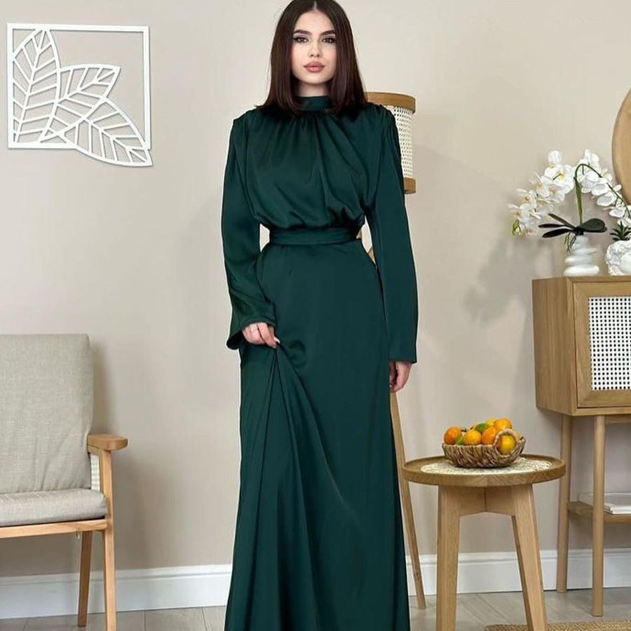 In-stock 2024 new satin elegant half-high neck tied long-sleeve high-waist long dress fashion dress