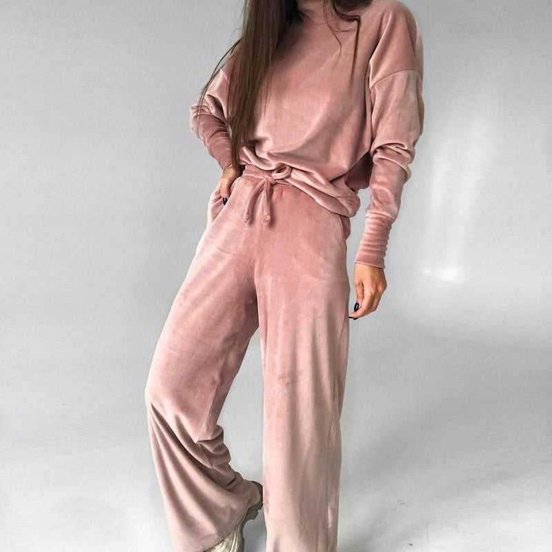 2022 Autumn-Winter Fashion Casual Suit in Plain Silver Fox Velvet with High-neck Long-sleeve Top and Drawstring Pants