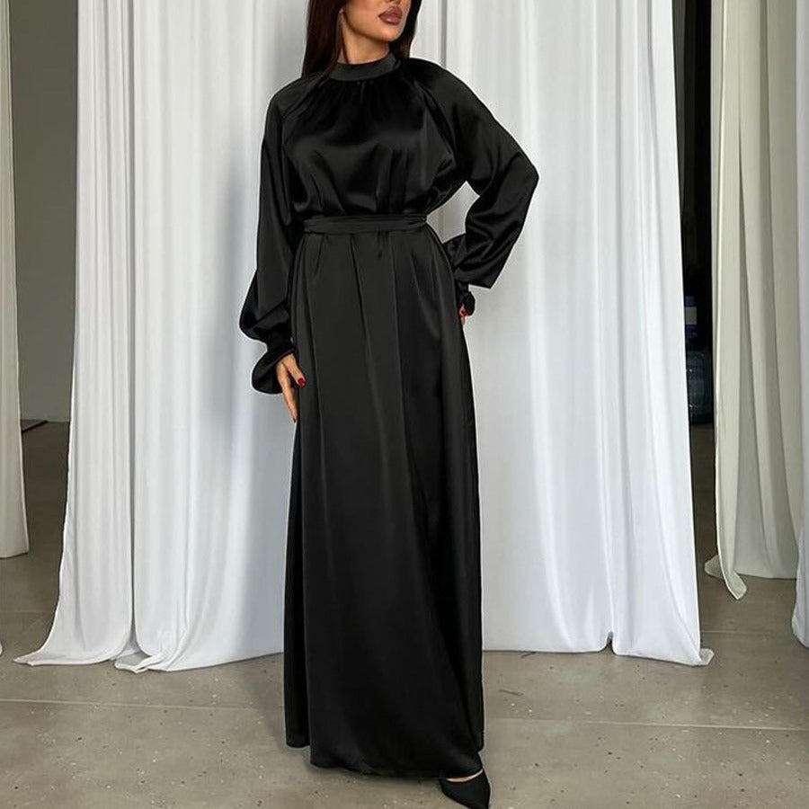 New satin elegant half-turtleneck long-sleeve high-waist belted long dress for women