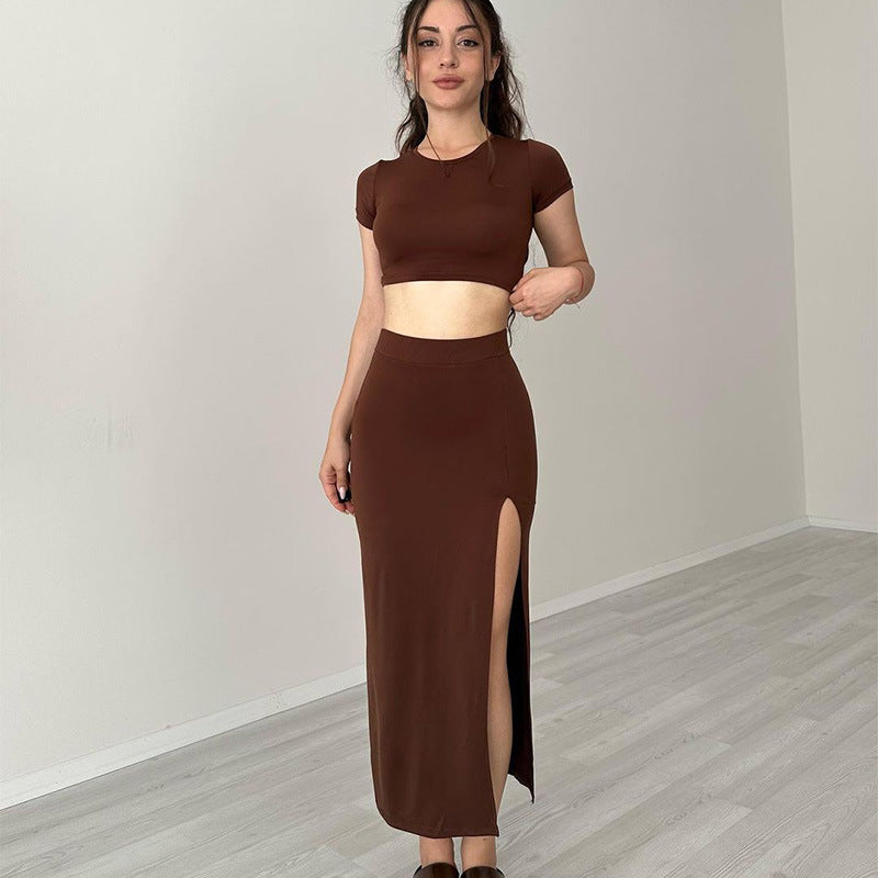 INS new short knit fashionable casual set, round neck short sleeve, sexy waist-baring slit midi dress