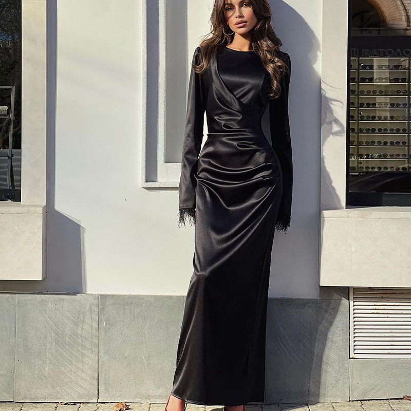 2024 new satin slim fit elegant waist long sleeve feather long dress for women