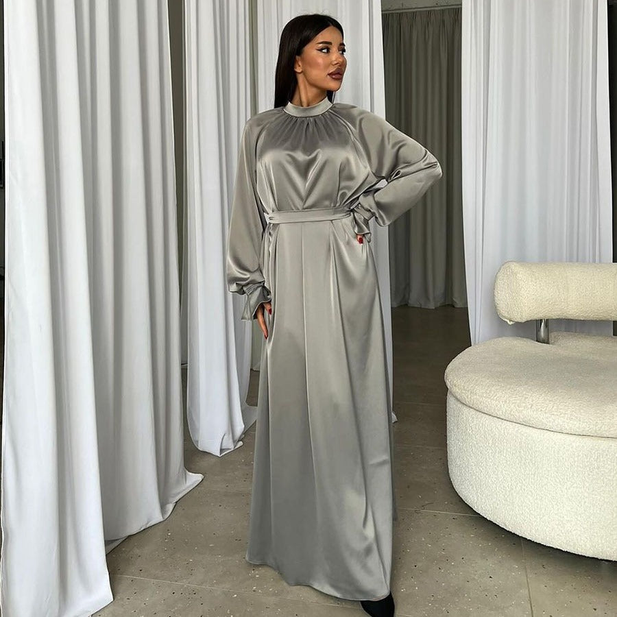 New satin elegant half-turtleneck long-sleeve high-waist belted long dress for women