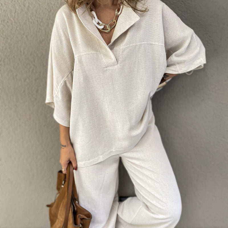 Lazy style fashion casual suit with three-quarter sleeves V-neck pullover and high-waisted wide-leg slit pants two-piece set for women