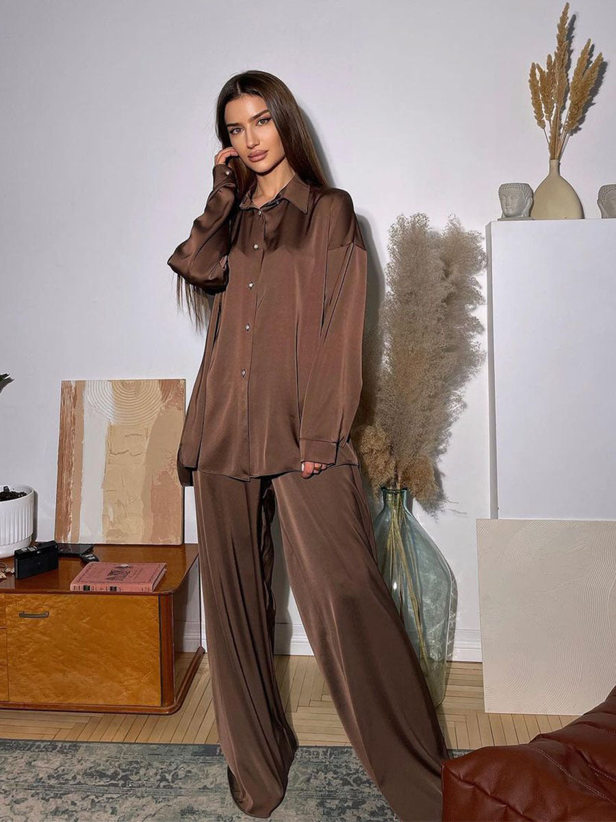 New fashion casual suit with satin drop shoulder sleeves, loose shirt, and high-waisted wide-leg pants set for women