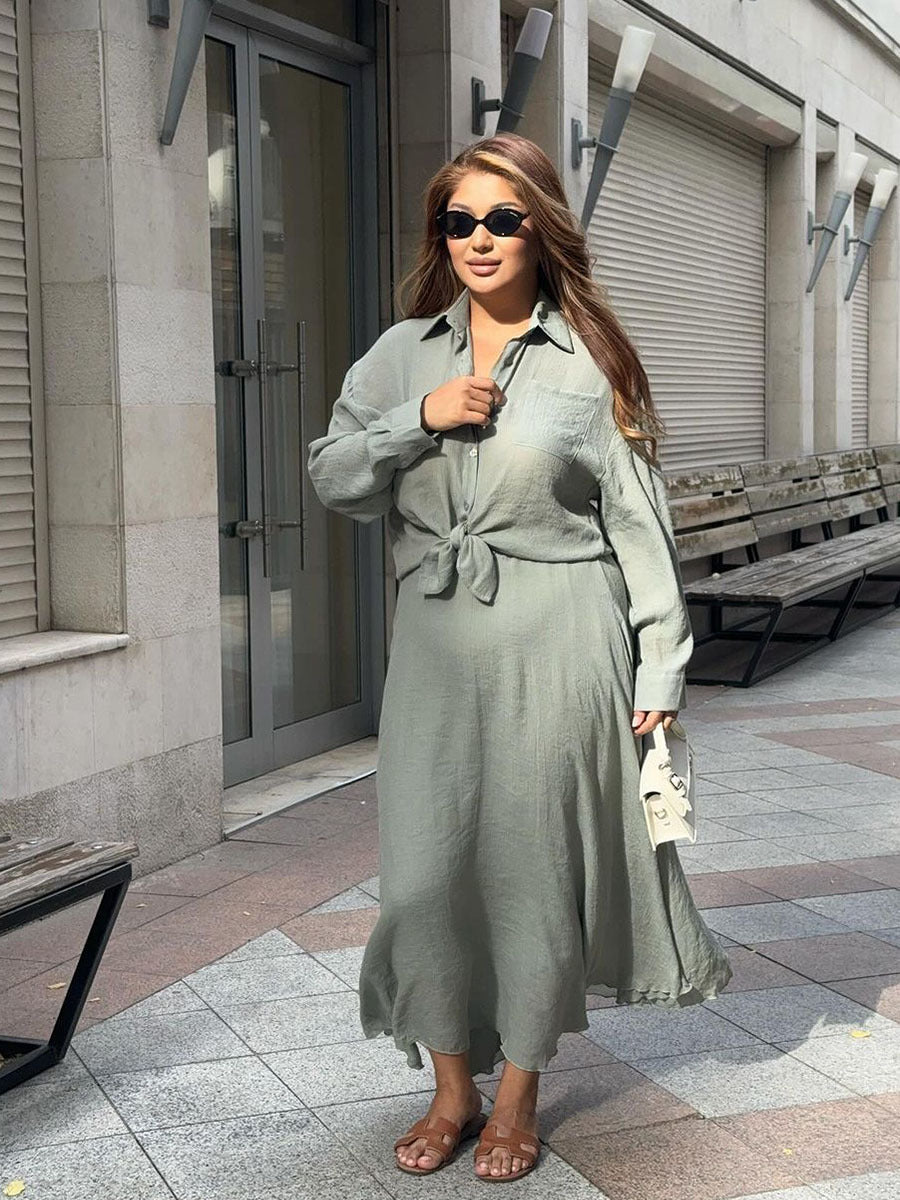 2024 New Women's Summer Outfit Elegant Plus Size Long Sleeve Shirt and Flared Skirt Two-Piece Set