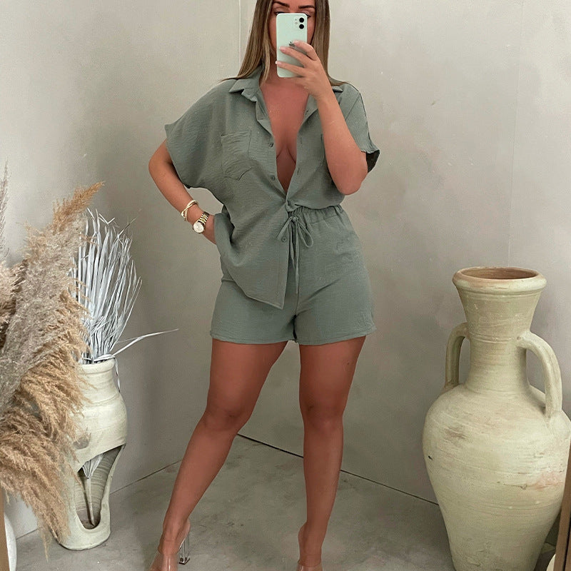 2023 Latin American fashion casual set solid color classic single-breasted batwing sleeve shirt with elastic waist shorts two-piece set