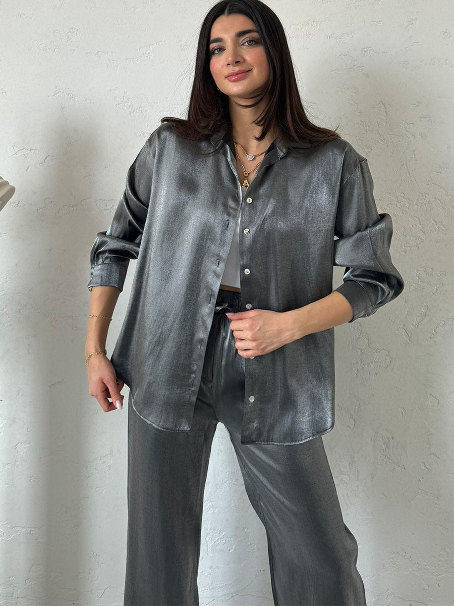 2024 new fashion casual outfit shining silk oversized shirt high-waisted wide-leg pants