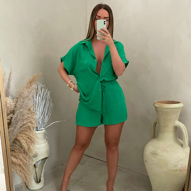 2023 Latin American fashion casual set solid color classic single-breasted batwing sleeve shirt with elastic waist shorts two-piece set