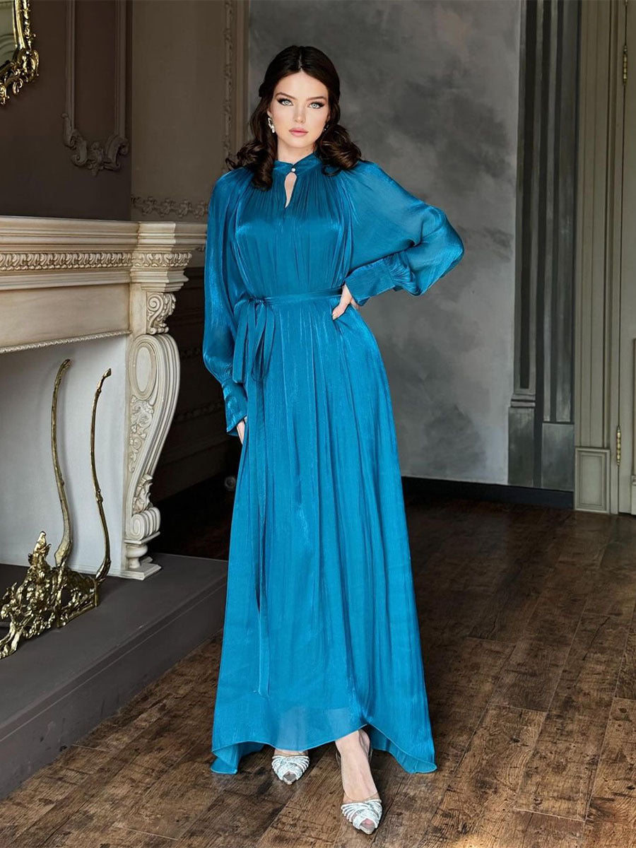 New INS 2024 elegant buttoned pleated long-sleeve big-hem tie Nordic long dress