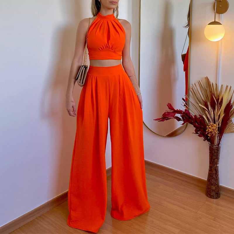 2023 fashion casual suit halter neck slim fit temperament wrap top high waist pants two-piece set for women