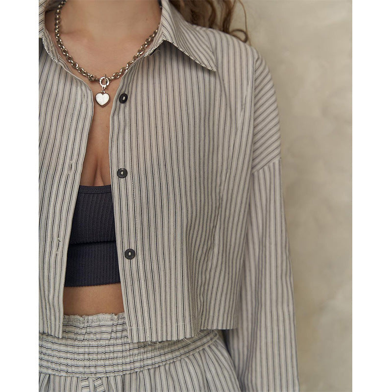 FashionINS new fashion casual suit, short striped elegant shirt, high-waisted pants two-piece set