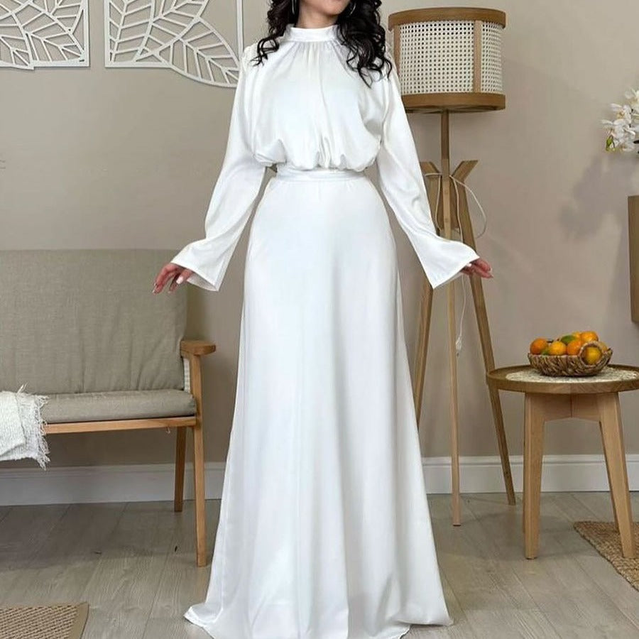 In-stock 2024 new satin elegant half-high neck tied long-sleeve high-waist long dress fashion dress