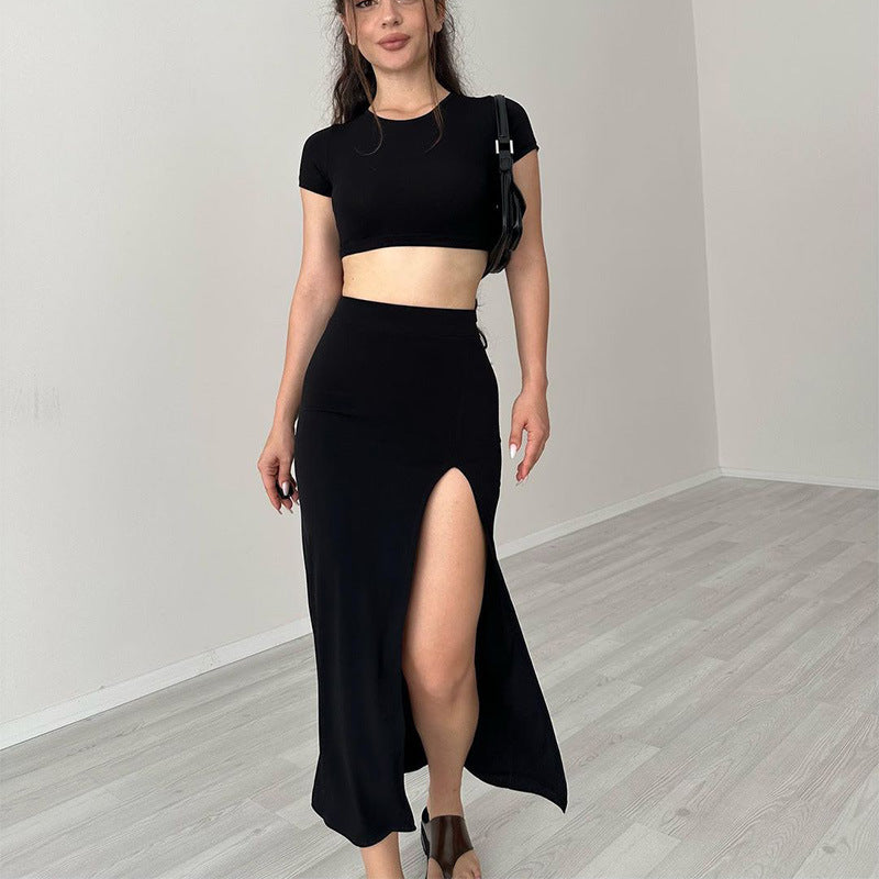 INS new short knit fashionable casual set, round neck short sleeve, sexy waist-baring slit midi dress