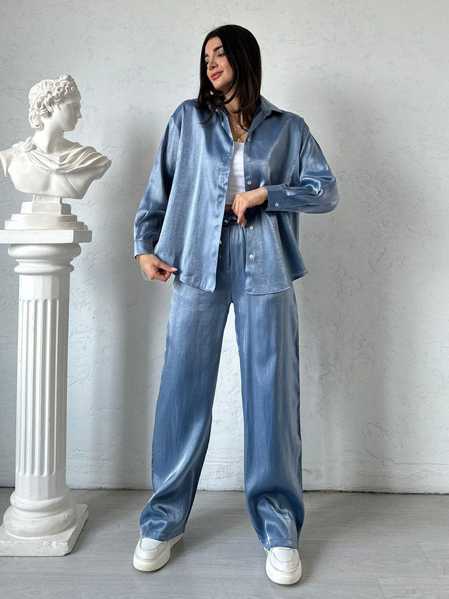 2024 new fashion casual outfit shining silk oversized shirt high-waisted wide-leg pants