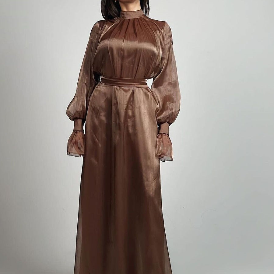 New shiny textured elegant high-neck long-sleeve high-waisted belted long dress for women