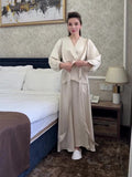 Russian fashion casual outfit with satin V-neck long sleeve tied top and elastic waist skirt two-piece set
